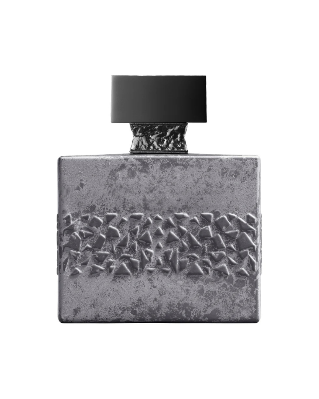 Silver textured perfume bottle with black cap on a white background