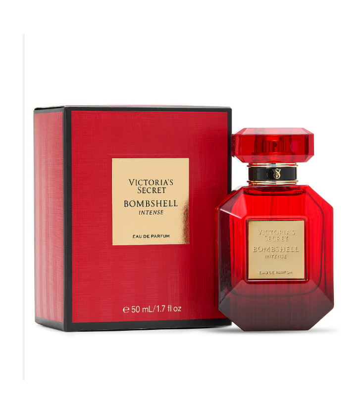 Victoria's Secret Bombshell Intense perfume bottle and packaging on a white background