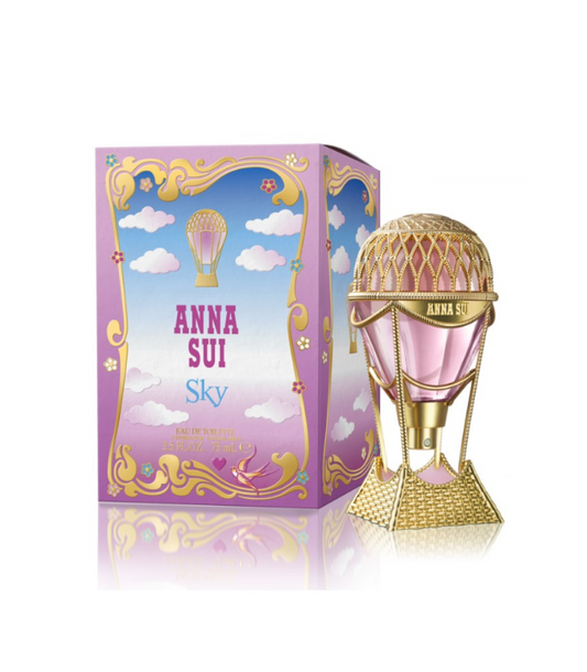 Anna Sui Sky perfume bottle and packaging with a colorful design on a white background