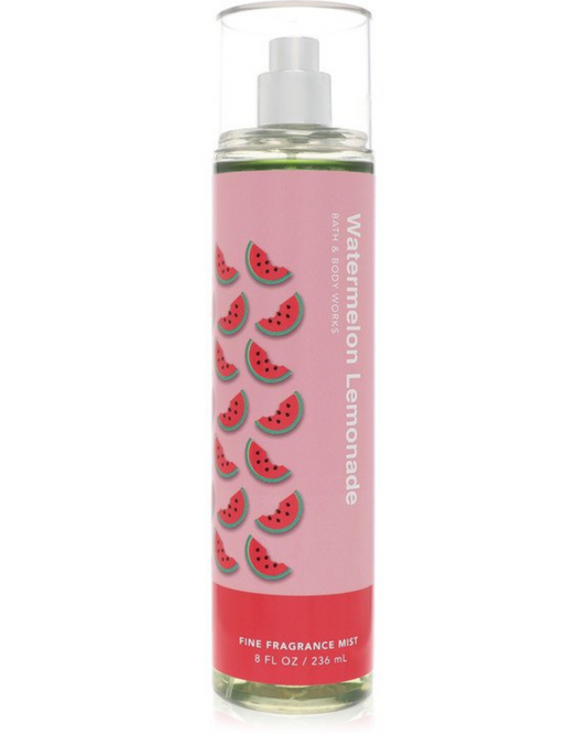 Pink bottle of 'Watermelon Lemonade' fine fragrance mist with watermelon pattern on a white background