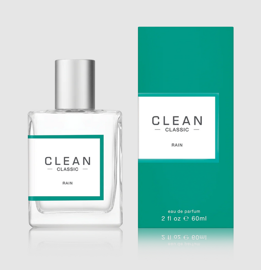 Clean Classic Rain perfume bottle and packaging on a light gray background