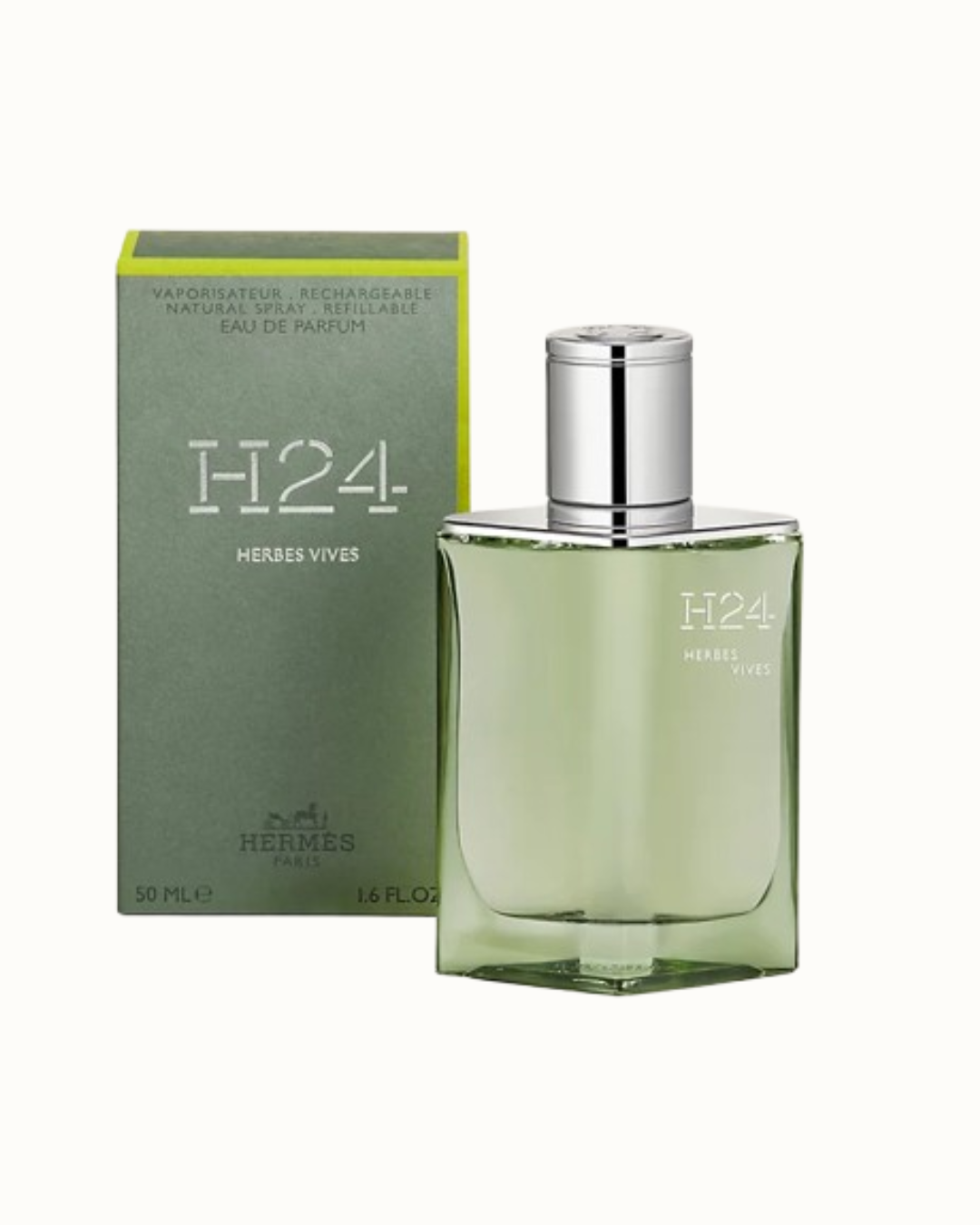 Hermes H24 Herbes Vives Perfume against a white background 