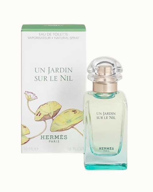 Hermes Un Jardin Sur Le Nil perfume bottle and packaging on a white background