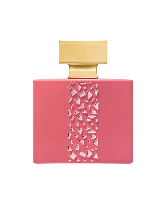 Pink perfume bottle with gold cap on a white background