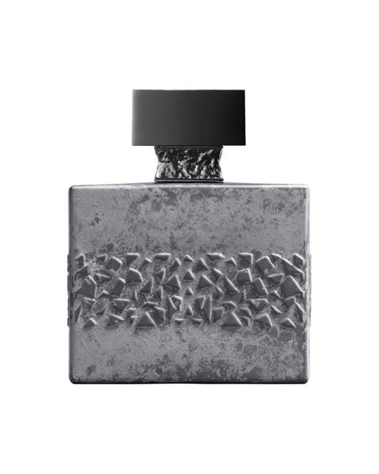 Silver textured perfume bottle with black cap on a white background