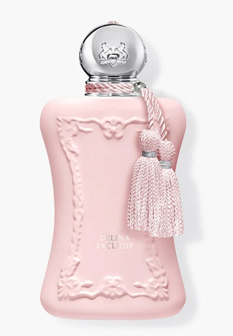Delina Exclusif pink perfume bottle with decorative elements on a white background