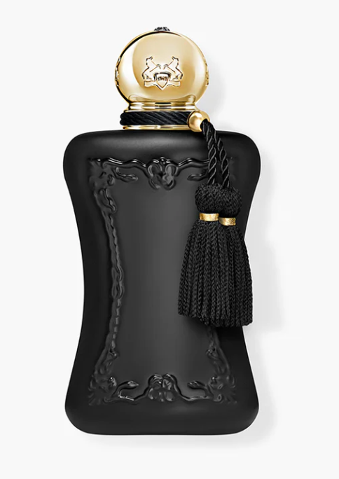 Athalia black perfume bottle with gold cap and tassel on a white background