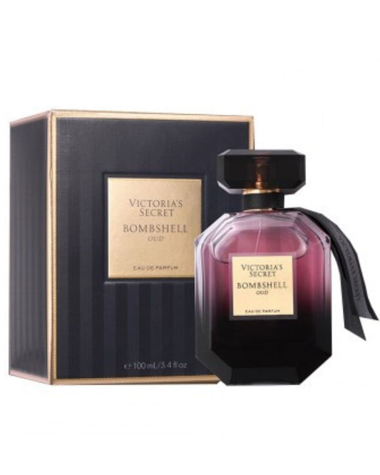 Victoria's Secret Bombshell Oud perfume bottle and packaging on a white background