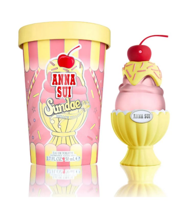 Anna Sui Sundae-themed perfume bottle with pink and yellow design on a white background