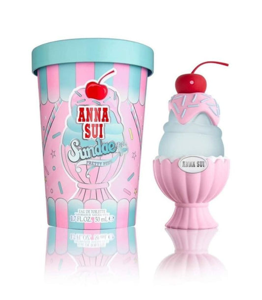 Anna Sui Sundae-themed pink perfume bottle and packaging on a white background