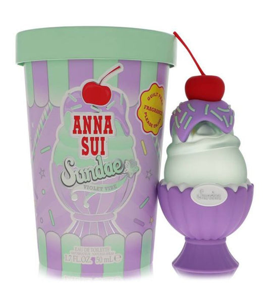 Anna Sui Sundae Violet Vibe 50ml eau de parfum bottle with ice cream-cone design on white background.