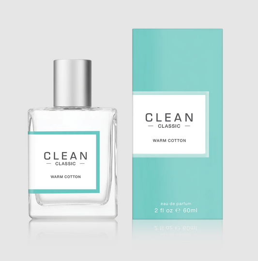 Clean Classic Warm Cotton eau de parfum bottle and packaging on a light gray background