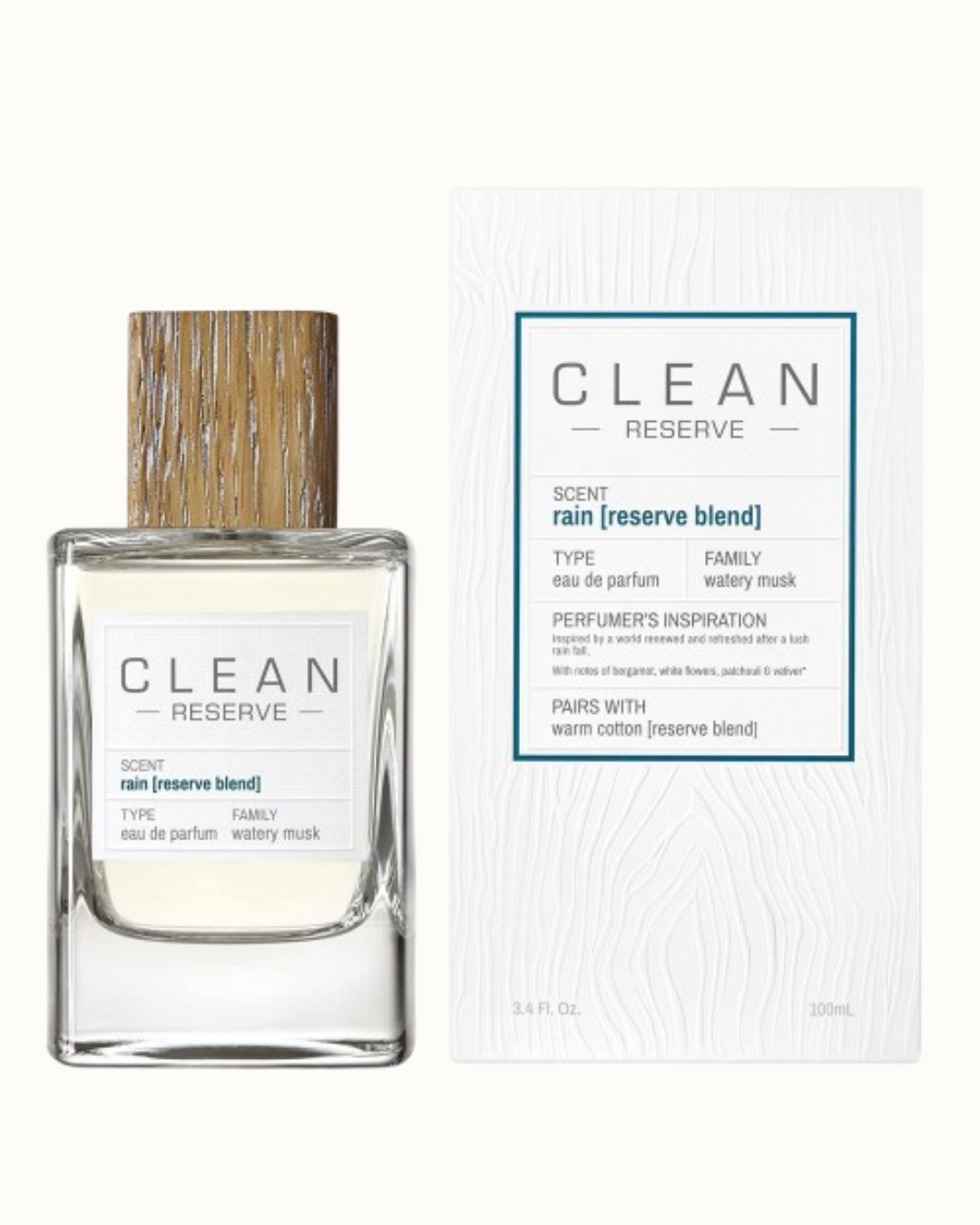 Clean Reserve Rain perfume bottle and packaging on a white background