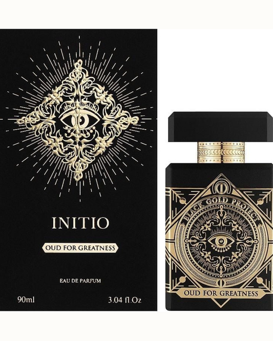 initio oud for greatness black and gold bottle on a white background