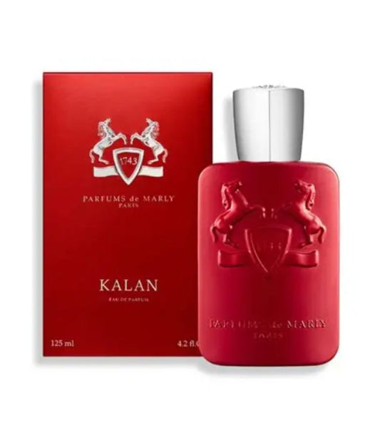 Kalan red perfume bottle and packaging with 'Parfums de Marly' branding on a white background