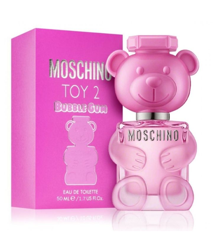 Pink Moschino Toy 2 Bubble Gum perfume bottle and packaging on a white background