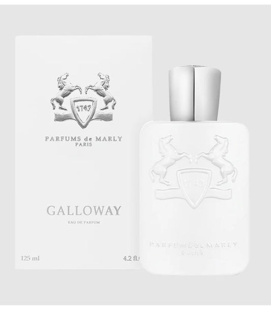White Parfums de Marly Galloway perfume bottle and packaging on a light gray background