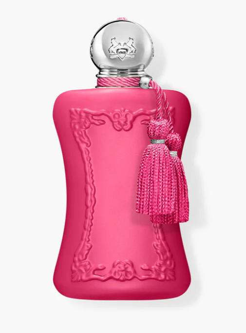 Parfums de Marly Oriana pink perfume bottle with silver cap and tassel on a white background