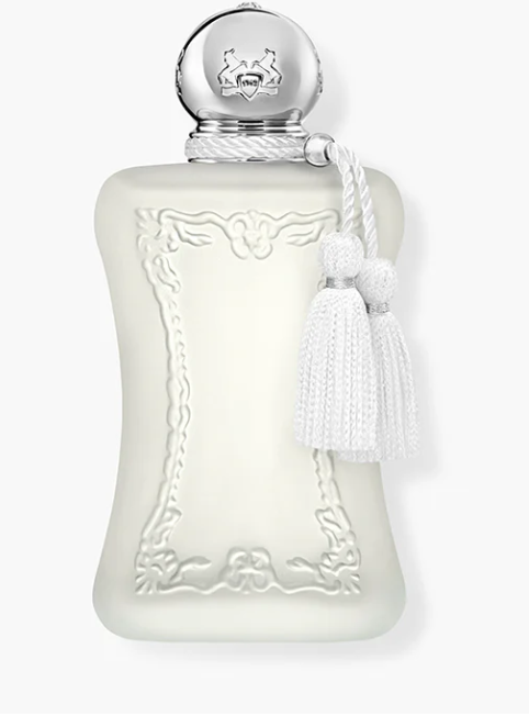 Parfums de MarlyValaya white perfume bottle with silver cap and decorative elements on a white background