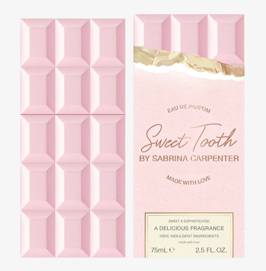 Pink packaging of 'Sweet Tooth by Sabrina Carpenter' perfume with geometric design