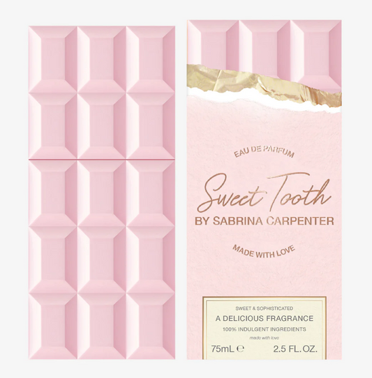 Pink packaging of 'Sweet Tooth by Sabrina Carpenter' perfume with geometric design