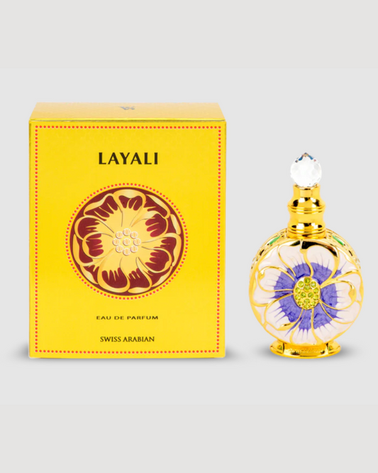 Swiss Arabian Layali perfume bottle and packaging on a light gray background