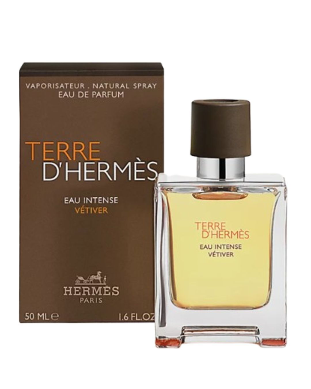 Hermes Terre d'Hermes Eau Intense Vetiver perfume bottle and packaging on a white background