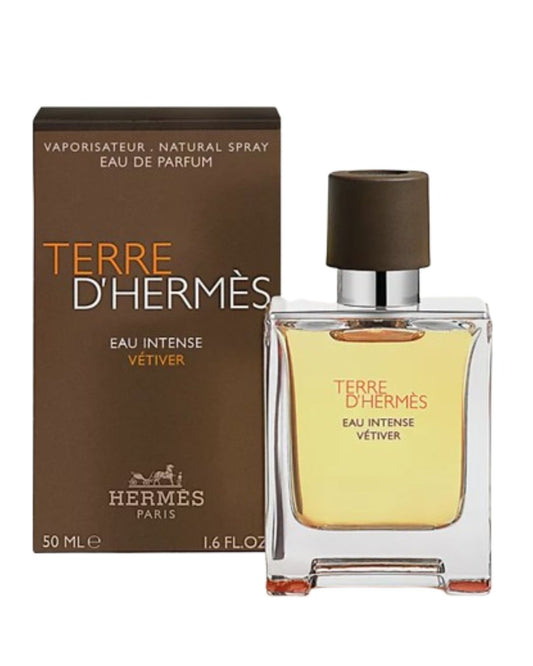 Hermes Terre d'Hermes Eau Intense Vetiver perfume bottle and packaging on a white background