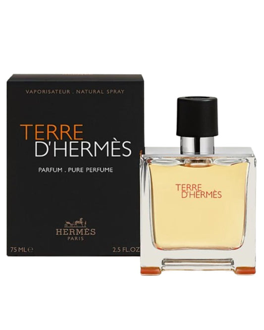 Terre d'Hermes perfume bottle and packaging on a white background